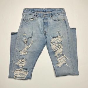 VINTAGE Levis 501 Straight Fit Jeans Insane Distressing Light Wash Button Fly